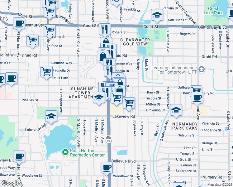 map of restaurants, bars, coffee shops, grocery stores, and more near 1257 South Missouri Avenue in Clearwater