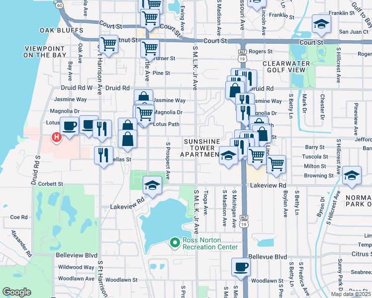 map of restaurants, bars, coffee shops, grocery stores, and more near 1221 Ewing Avenue in Clearwater