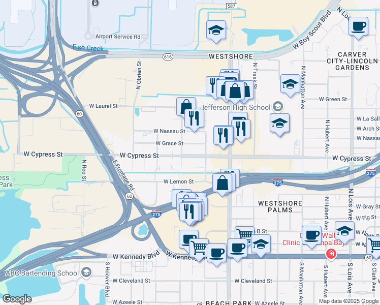 map of restaurants, bars, coffee shops, grocery stores, and more near 4915 West Cypress Street in Tampa