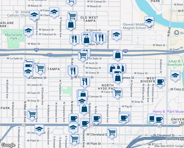 map of restaurants, bars, coffee shops, grocery stores, and more near 2128 West Grace Street in Tampa