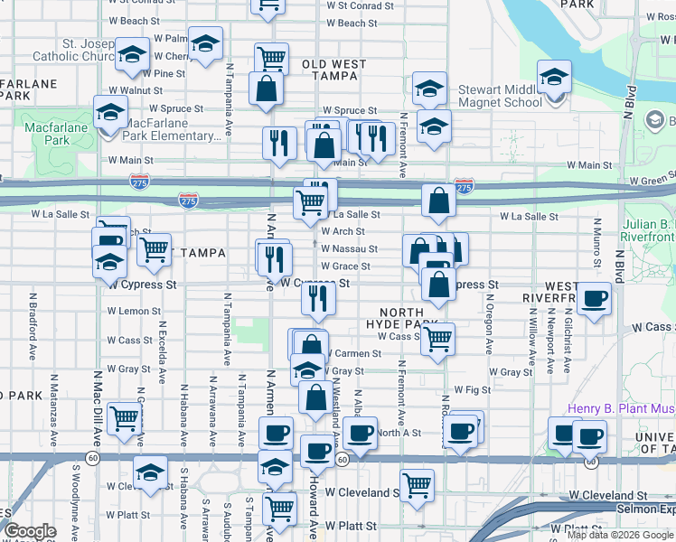 map of restaurants, bars, coffee shops, grocery stores, and more near 2128 West Grace Street in Tampa