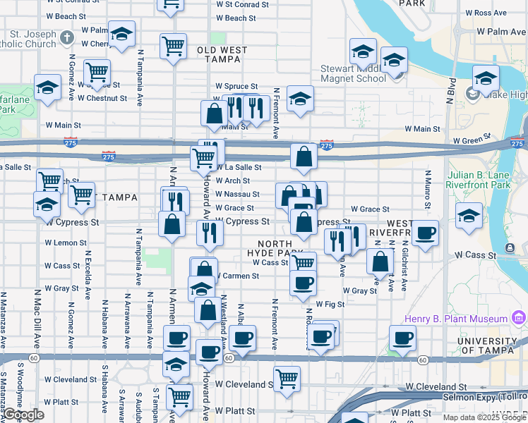 map of restaurants, bars, coffee shops, grocery stores, and more near 1006 North Fremont Avenue in Tampa