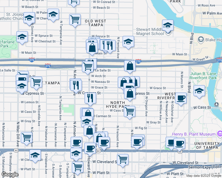 map of restaurants, bars, coffee shops, grocery stores, and more near 1918 West Grace Street in Tampa
