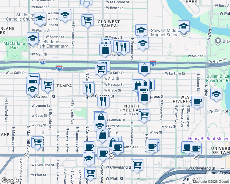 map of restaurants, bars, coffee shops, grocery stores, and more near 1918 West Grace Street in Tampa