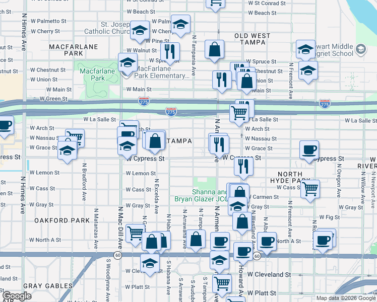 map of restaurants, bars, coffee shops, grocery stores, and more near 2714 West Grace Street in Tampa