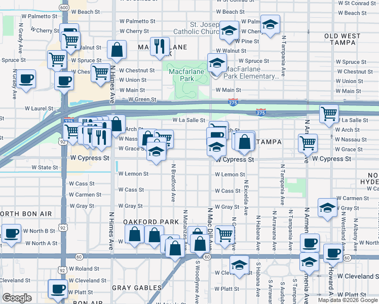map of restaurants, bars, coffee shops, grocery stores, and more near 3202 West Grace Street in Tampa