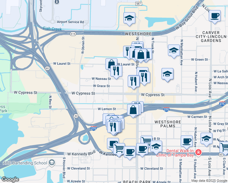 map of restaurants, bars, coffee shops, grocery stores, and more near 4907 West Cypress Street in Tampa
