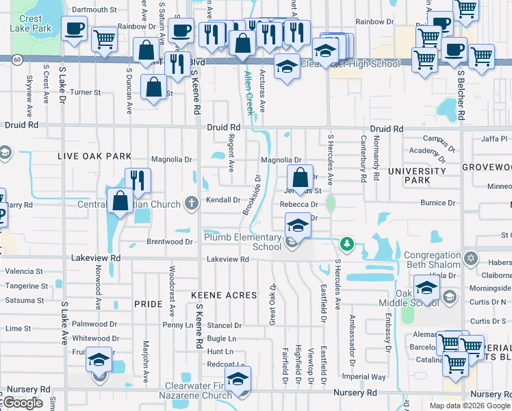 map of restaurants, bars, coffee shops, grocery stores, and more near 1182-1200 Brookside Drive in Clearwater