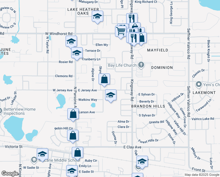 map of restaurants, bars, coffee shops, grocery stores, and more near 410 East Jersey Avenue in Brandon