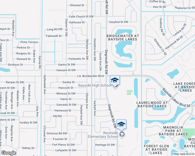 map of restaurants, bars, coffee shops, grocery stores, and more near 350 J.A. Bombardier Boulevard in Palm Bay