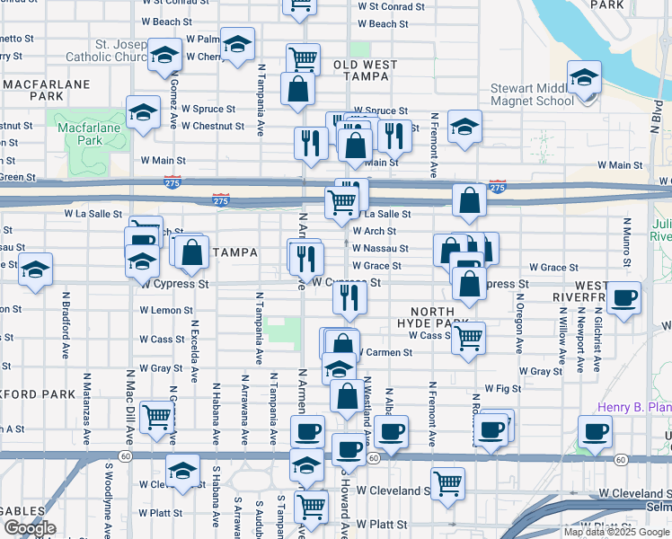 map of restaurants, bars, coffee shops, grocery stores, and more near 2312 West Grace Street in Tampa