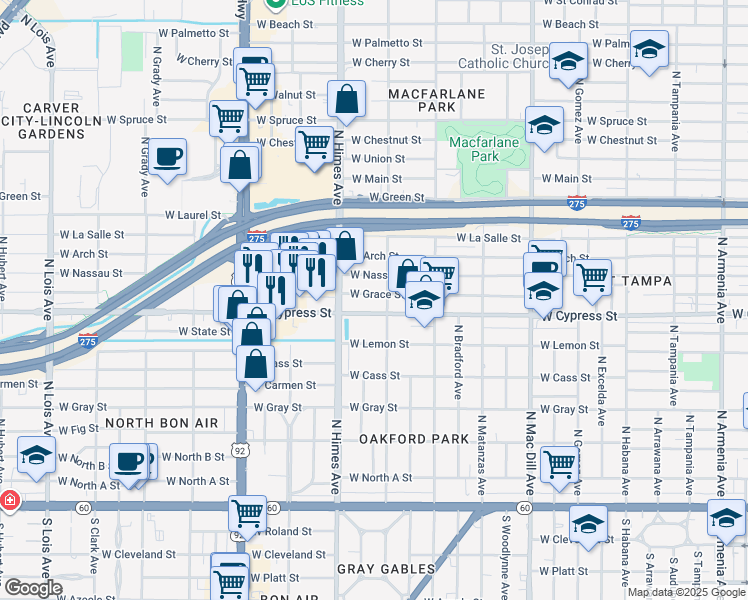 map of restaurants, bars, coffee shops, grocery stores, and more near 3408 W Grace St in Tampa