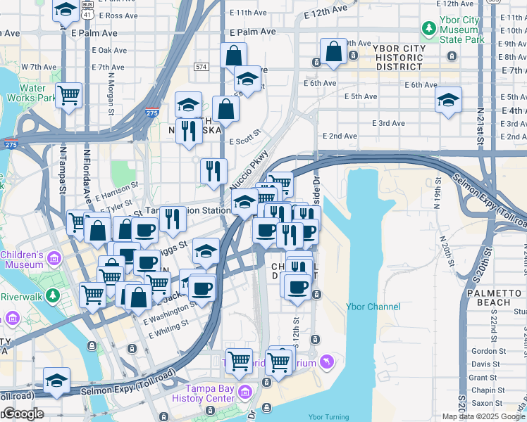 map of restaurants, bars, coffee shops, grocery stores, and more near 1104 East Twiggs Street in Tampa