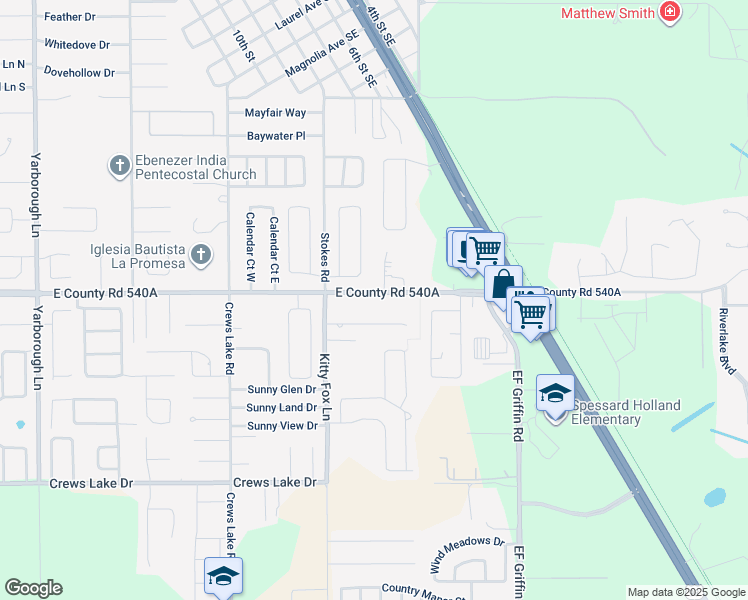 map of restaurants, bars, coffee shops, grocery stores, and more near 4411 County Road 540A in Lakeland