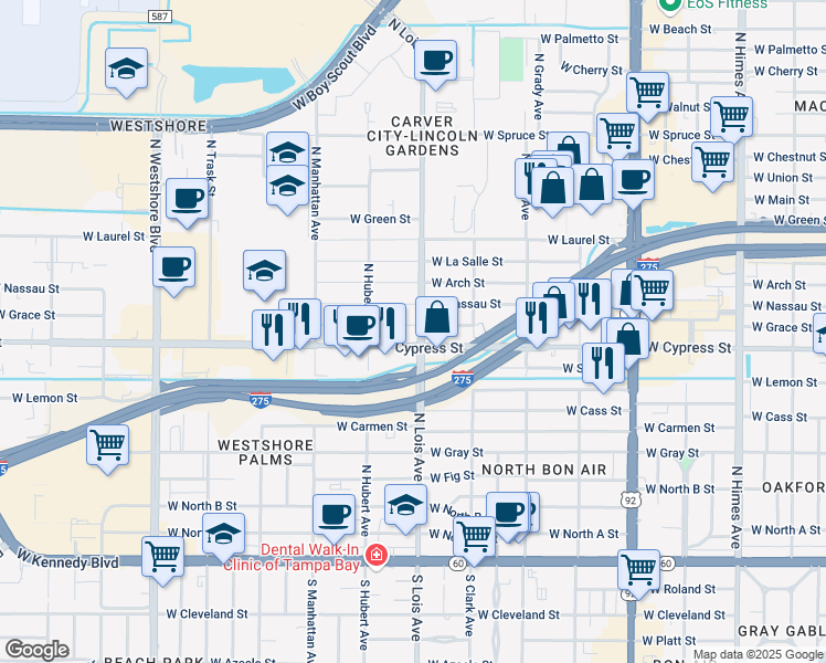 map of restaurants, bars, coffee shops, grocery stores, and more near 4155 West Cypress Street in Tampa