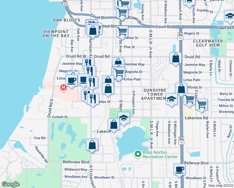 map of restaurants, bars, coffee shops, grocery stores, and more near Grand Central Street in Clearwater