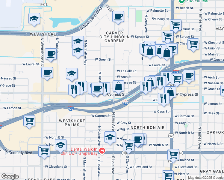 map of restaurants, bars, coffee shops, grocery stores, and more near 4155 West Cypress Street in Tampa