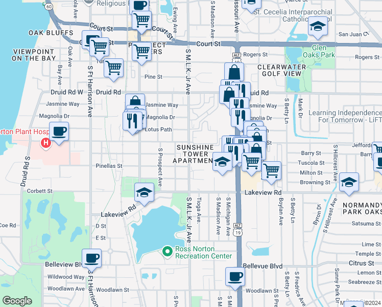 map of restaurants, bars, coffee shops, grocery stores, and more near 1245 South Martin Luther King Junior Avenue in Clearwater