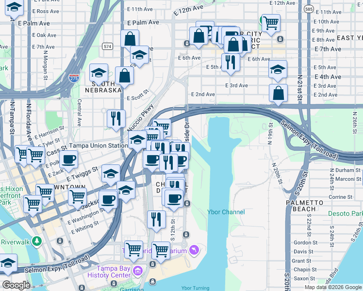 map of restaurants, bars, coffee shops, grocery stores, and more near 1222 Channelside Drive in Tampa