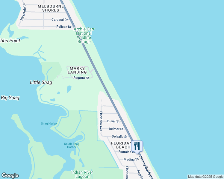 map of restaurants, bars, coffee shops, grocery stores, and more near 6309 South Highway A1A in Melbourne Beach