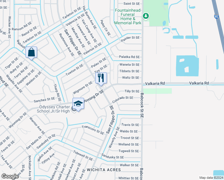 map of restaurants, bars, coffee shops, grocery stores, and more near 1758 Windsor Avenue Southeast in Palm Bay