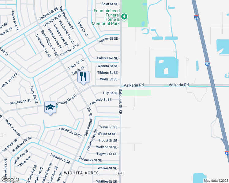 map of restaurants, bars, coffee shops, grocery stores, and more near 1683 Tilly Street Southeast in Palm Bay