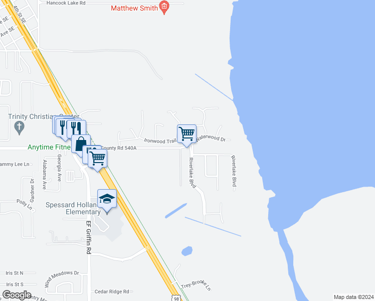 map of restaurants, bars, coffee shops, grocery stores, and more near 6105 Riverlake Boulevard in Bartow