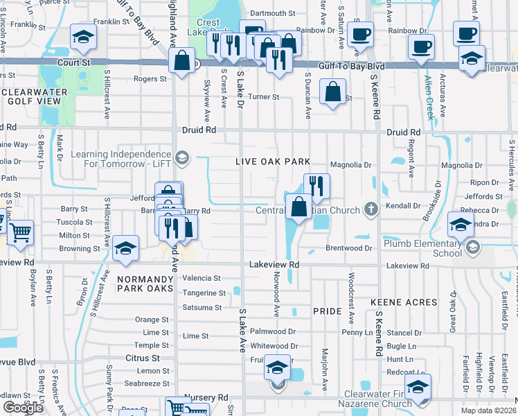 map of restaurants, bars, coffee shops, grocery stores, and more near 1618 Barry Road in Clearwater