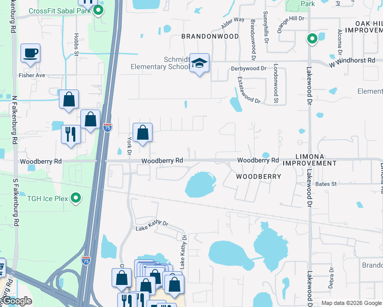 map of restaurants, bars, coffee shops, grocery stores, and more near 2118 Woodberry Road in Brandon