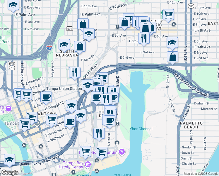 map of restaurants, bars, coffee shops, grocery stores, and more near 1222 Channelside Drive in Tampa