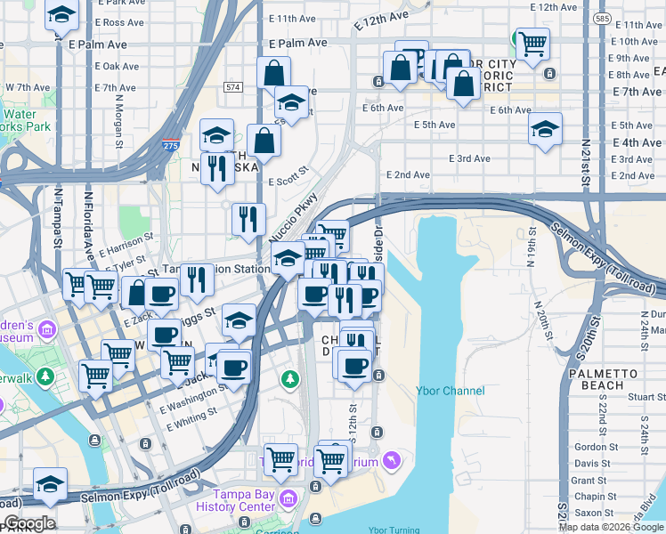 map of restaurants, bars, coffee shops, grocery stores, and more near 1126 East Twiggs Street in Tampa
