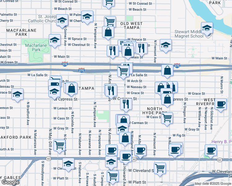 map of restaurants, bars, coffee shops, grocery stores, and more near 2312 West Grace Street in Tampa