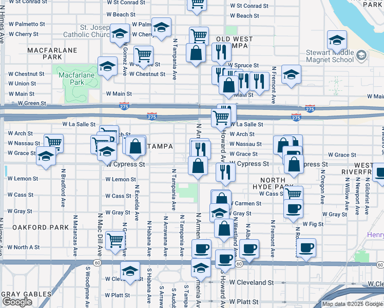 map of restaurants, bars, coffee shops, grocery stores, and more near 1007 North Armenia Avenue in Tampa