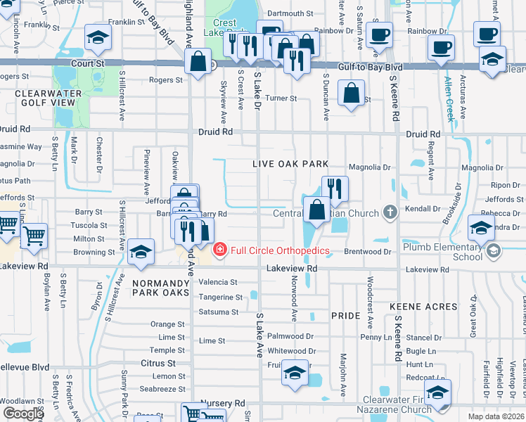 map of restaurants, bars, coffee shops, grocery stores, and more near 1581 Barry Rd in Clearwater