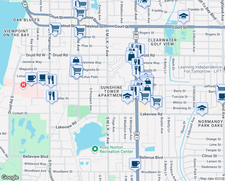 map of restaurants, bars, coffee shops, grocery stores, and more near 1245 South Martin Luther King Junior Avenue in Clearwater