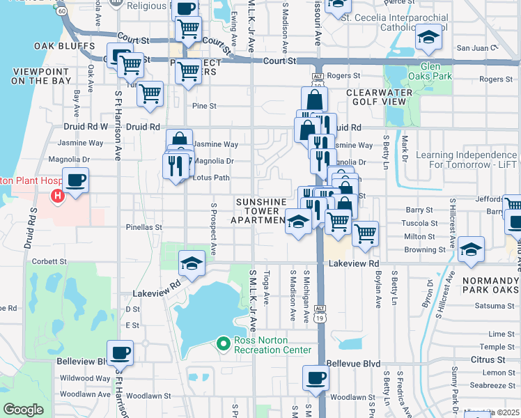 map of restaurants, bars, coffee shops, grocery stores, and more near 1245 South Martin Luther King Junior Avenue in Clearwater