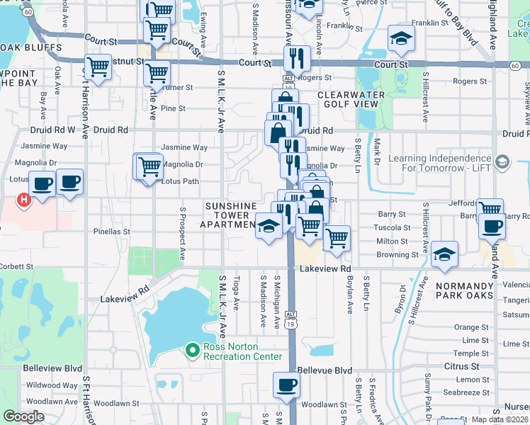 map of restaurants, bars, coffee shops, grocery stores, and more near 1234 South Missouri Avenue in Clearwater