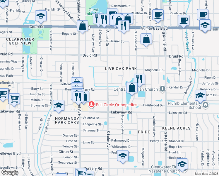 map of restaurants, bars, coffee shops, grocery stores, and more near 1581 Barry Street in Clearwater