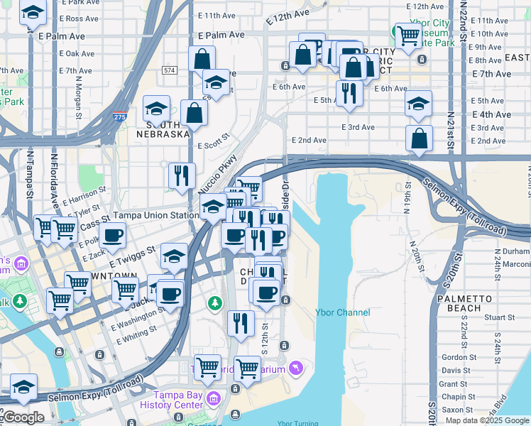 map of restaurants, bars, coffee shops, grocery stores, and more near 1222 Channelside Drive in Tampa