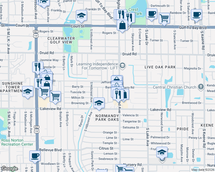 map of restaurants, bars, coffee shops, grocery stores, and more near 1450 Barry Street in Clearwater