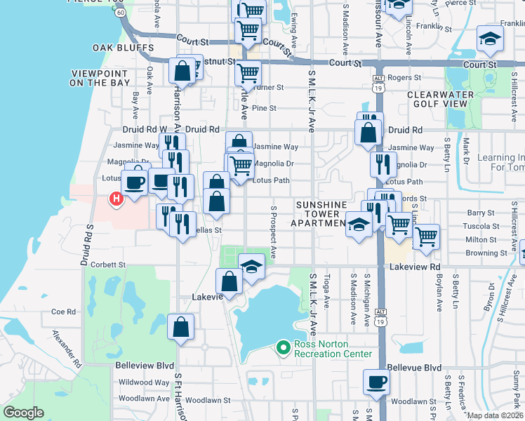 map of restaurants, bars, coffee shops, grocery stores, and more near 822 Grand Central Street in Clearwater