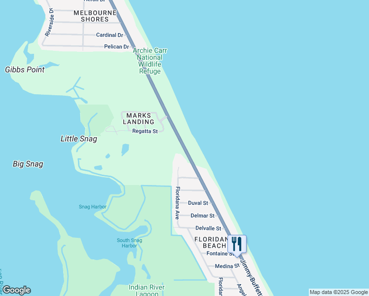 map of restaurants, bars, coffee shops, grocery stores, and more near 6345 South Highway A1A in Melbourne Beach