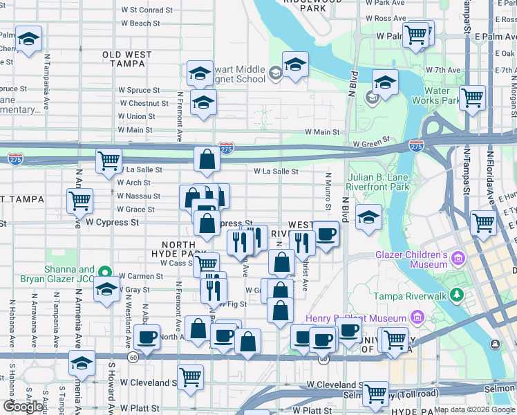 map of restaurants, bars, coffee shops, grocery stores, and more near 1324 West Grace Street in Tampa