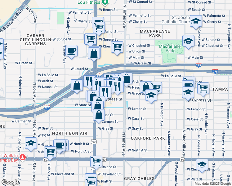 map of restaurants, bars, coffee shops, grocery stores, and more near 3629 West Cypress Street in Tampa