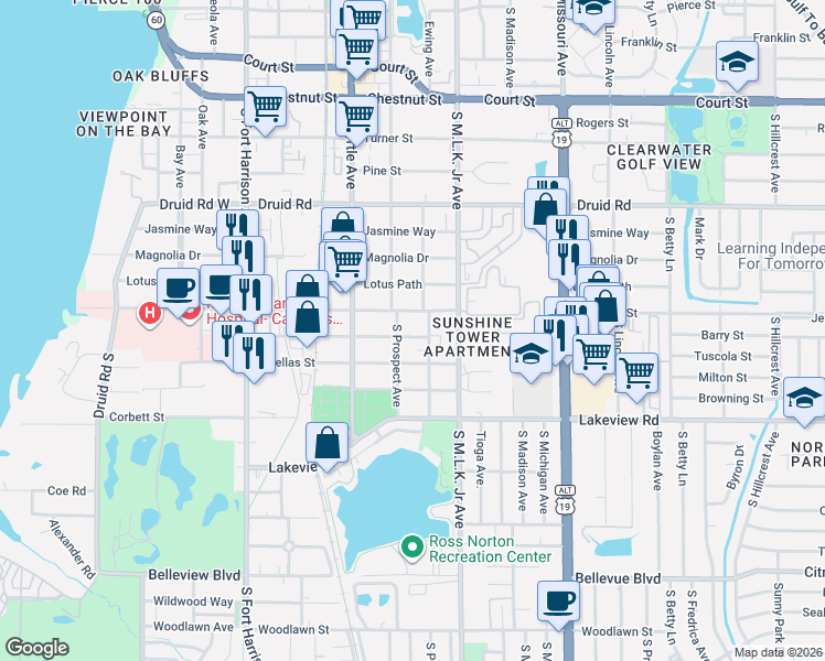 map of restaurants, bars, coffee shops, grocery stores, and more near 901 Grand Central Street in Clearwater