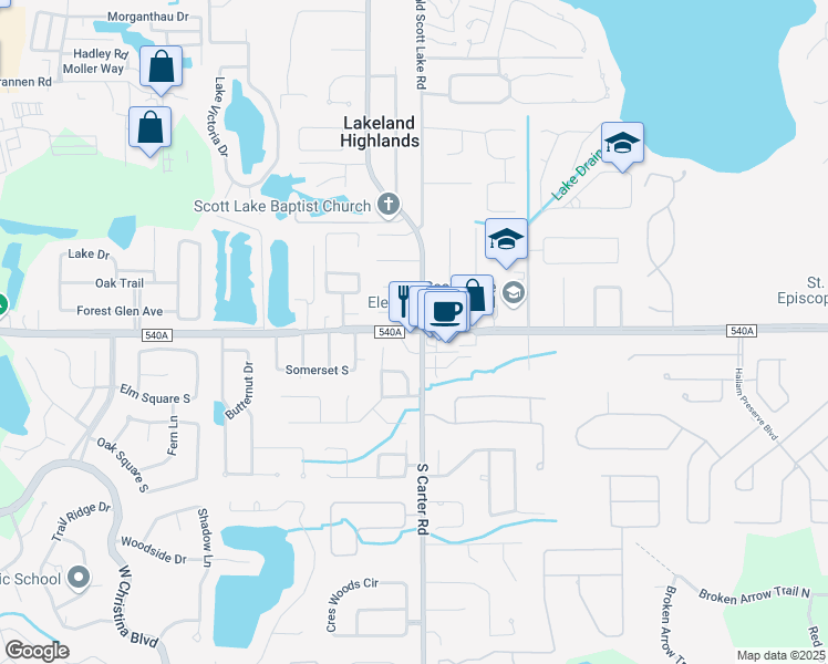 map of restaurants, bars, coffee shops, grocery stores, and more near 961 East County Road 540A in Lakeland