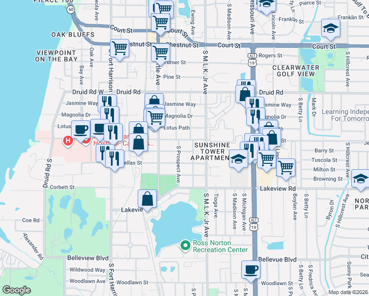 map of restaurants, bars, coffee shops, grocery stores, and more near 901 Grand Central Street in Clearwater