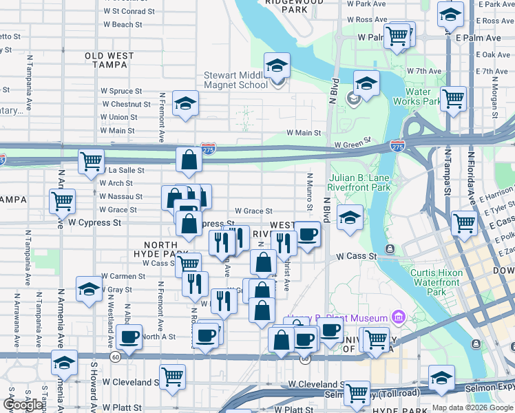 map of restaurants, bars, coffee shops, grocery stores, and more near 1304 West Grace Street in Tampa
