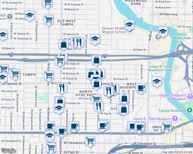 map of restaurants, bars, coffee shops, grocery stores, and more near 1708 West Grace Street in Tampa