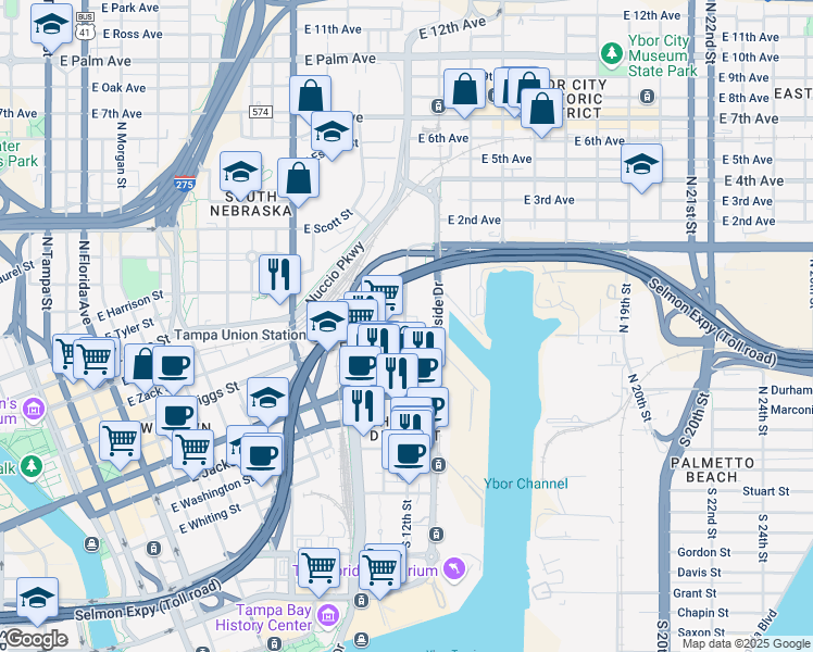 map of restaurants, bars, coffee shops, grocery stores, and more near 601 North 12th Street in Tampa